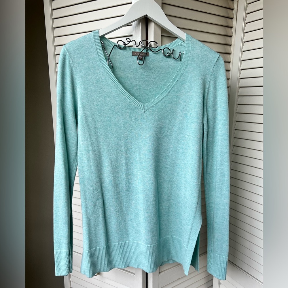 Lilla P V Neck Sweater in Pastel Seafoam. Size Medium. 50/50 Modal & Cotton